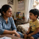Worried mother listening patiently to her young child who stutters at home
