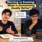 Morning vs evening: when is stammering usually better? A young man speaking confidently in the morning and feeling tired in the evening.