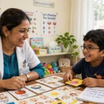 Speech therapist doing a fun speaking exercise with a young child who stammers